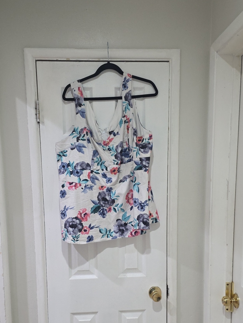 torrid White Floral Draped V-Neck Tank with Pink & Blue Flowers